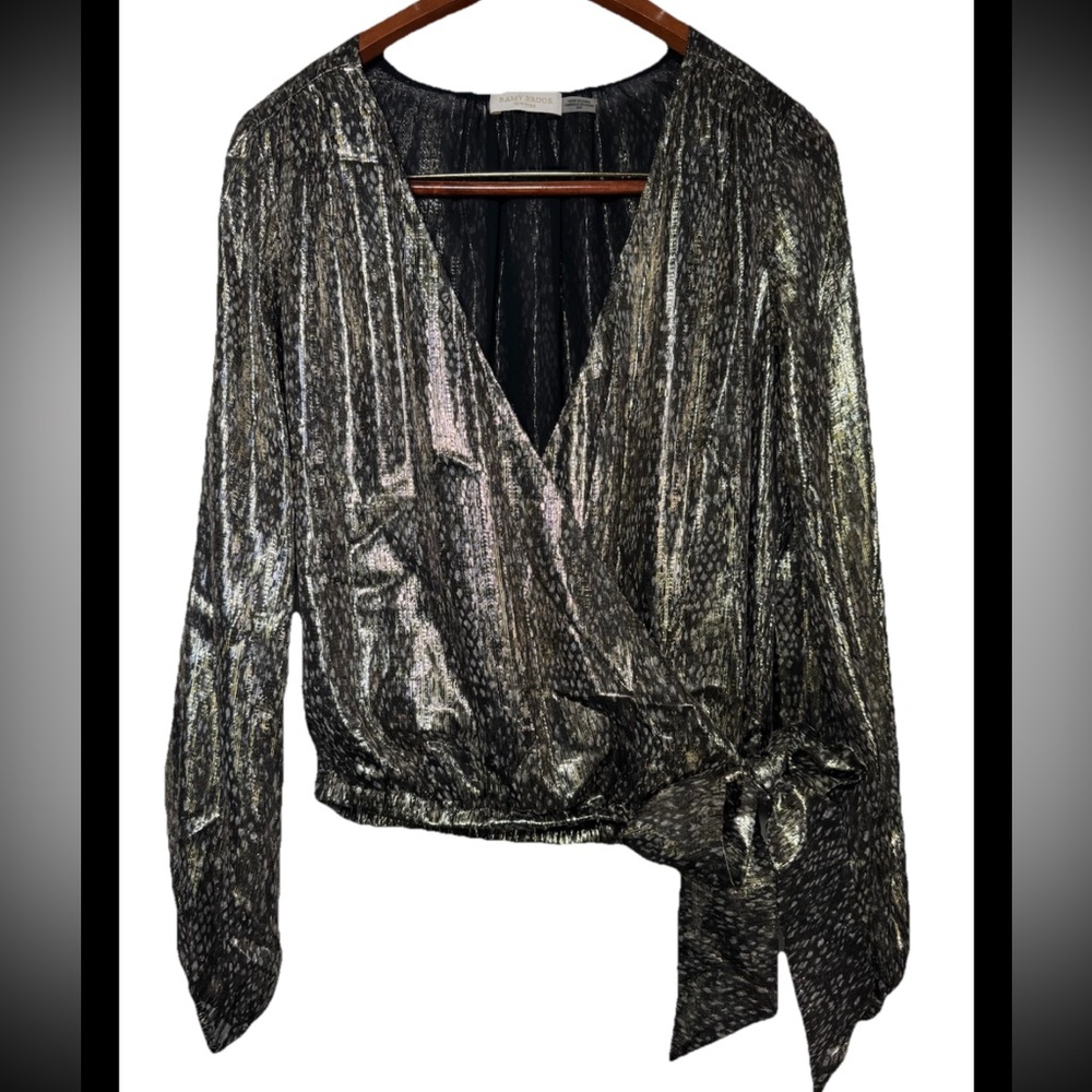 Ramy Brook Sheer Black Metallic Animal Print Silk V Neck Blouse Bow Puffy sleeve